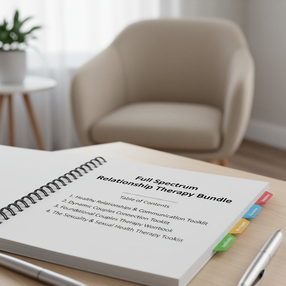 Notebook titled 'Full Spectrum Relationship Therapy Bundle' on a table with a pen, blurred chair, and plant in the background.