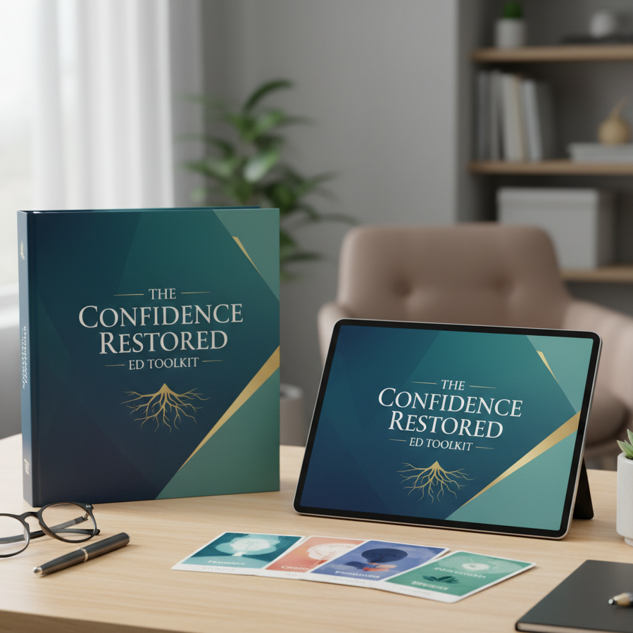 Tablet displaying 'The Confidence Restored' book cover on a desk with a book and cards.