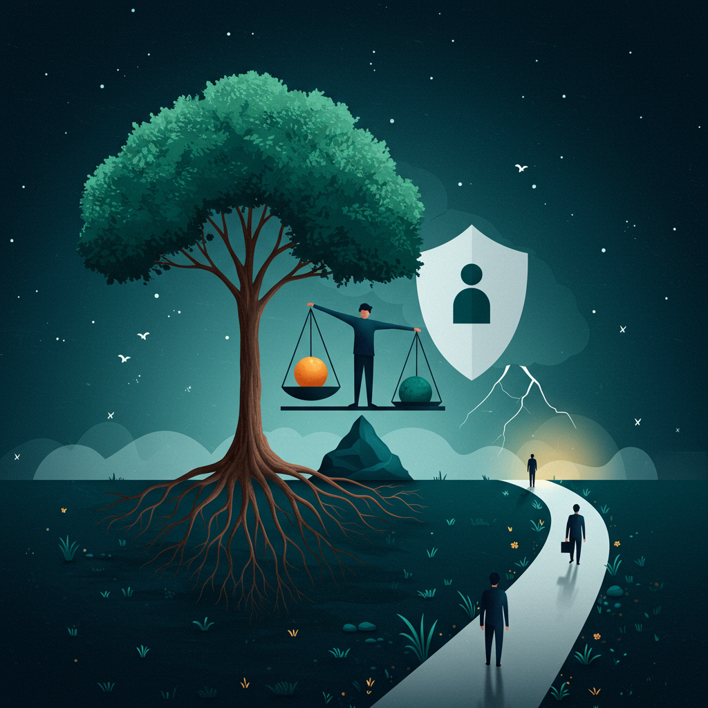 Illustration of a person standing under a large tree with a balance scale, a shield icon, and a path leading to a silhouette.