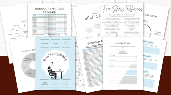 Collection of burnout recovery worksheets and resources on a white background