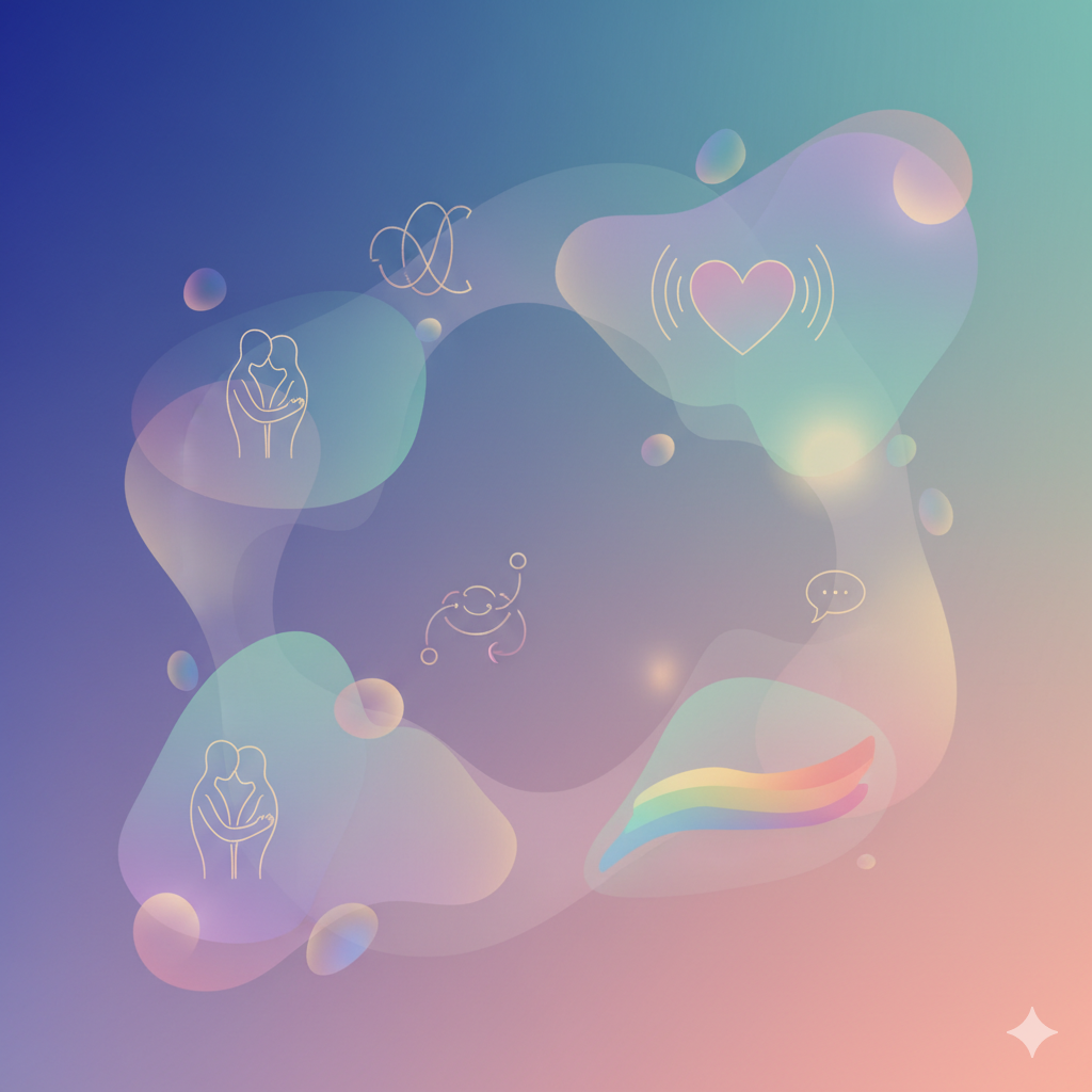Colorful abstract design with icons on a gradient background
